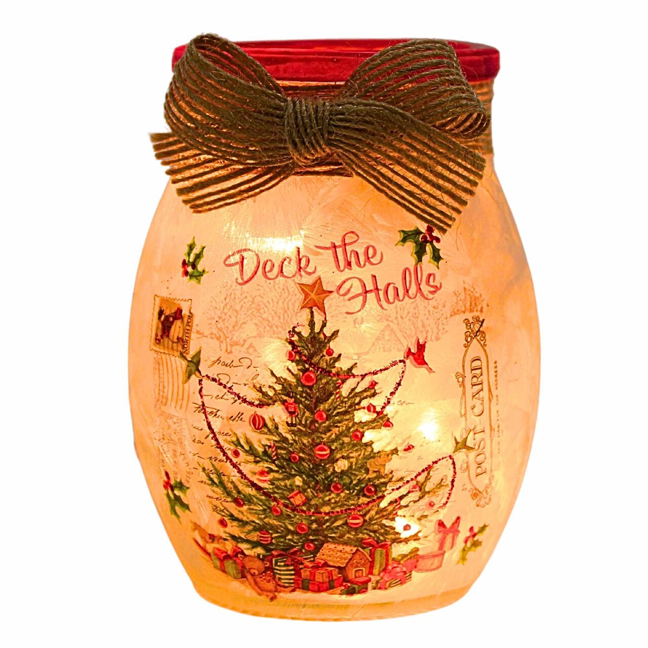 Stony Creek 4.0 Inch Vintage Postcard Small Jar Christmas Lighted Glass Accent , Pre-Lit Electric Christmas